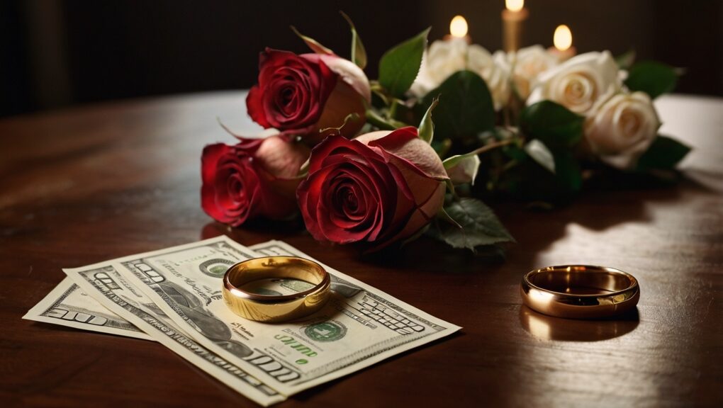 A photorealistic and cinematic setting featuring a mahogany wooden table with an elegant bouquet of fresh roses at the center. Beside the bouquet, a pair of golden wedding rings carefully placed in their box, and some dollar bills elegantly arranged on the table. The lighting is warm and soft, creating a romantic and sophisticated atmosphere, without text, watermarks, or visible hands.