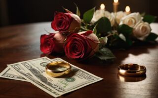 A photorealistic and cinematic setting featuring a mahogany wooden table with an elegant bouquet of fresh roses at the center. Beside the bouquet, a pair of golden wedding rings carefully placed in their box, and some dollar bills elegantly arranged on the table. The lighting is warm and soft, creating a romantic and sophisticated atmosphere, without text, watermarks, or visible hands.