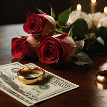 A photorealistic and cinematic setting featuring a mahogany wooden table with an elegant bouquet of fresh roses at the center. Beside the bouquet, a pair of golden wedding rings carefully placed in their box, and some dollar bills elegantly arranged on the table. The lighting is warm and soft, creating a romantic and sophisticated atmosphere, without text, watermarks, or visible hands.