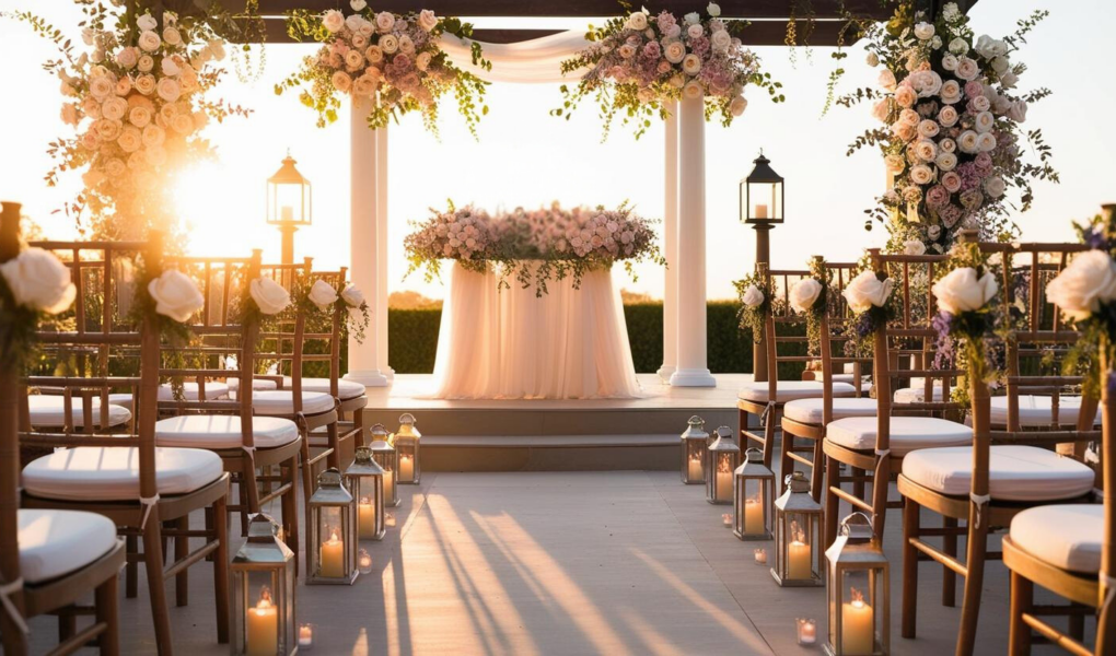 An image of an outdoor civil wedding, with an elegant altar decorated with fresh flowers in soft tones, such as white roses, peonies, and lavender. In the background, a warm sunset light creates a romantic and cozy atmosphere. The guests' chairs are neatly arranged in rows, with subtle floral decorations on each backrest. The environment is intimate and serene, with delicate details like small candles and soft lights. The scene should evoke a sense of tranquility, love, and solemnity, perfect for an elegant civil ceremony.