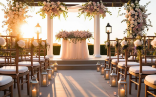 An image of an outdoor civil wedding, with an elegant altar decorated with fresh flowers in soft tones, such as white roses, peonies, and lavender. In the background, a warm sunset light creates a romantic and cozy atmosphere. The guests' chairs are neatly arranged in rows, with subtle floral decorations on each backrest. The environment is intimate and serene, with delicate details like small candles and soft lights. The scene should evoke a sense of tranquility, love, and solemnity, perfect for an elegant civil ceremony.