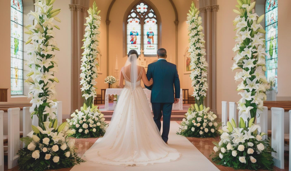 The entrance of a church beautifully decorated for a wedding. The aisle is adorned with white flowers and wedding details, creating a romantic and solemn atmosphere. In the background, with their backs to the camera, stands a bride on her father's arm. They are both looking straight ahead, with the bride wearing a stunning wedding gown, with a long train trailing behind her. Soft light filters through the church windows, gently illuminating the scene and creating a sense of anticipation. The atmosphere is calm, solemn, and filled with emotion, capturing the moment before walking down the aisle.