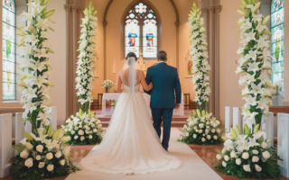 The entrance of a church beautifully decorated for a wedding. The aisle is adorned with white flowers and wedding details, creating a romantic and solemn atmosphere. In the background, with their backs to the camera, stands a bride on her father's arm. They are both looking straight ahead, with the bride wearing a stunning wedding gown, with a long train trailing behind her. Soft light filters through the church windows, gently illuminating the scene and creating a sense of anticipation. The atmosphere is calm, solemn, and filled with emotion, capturing the moment before walking down the aisle.