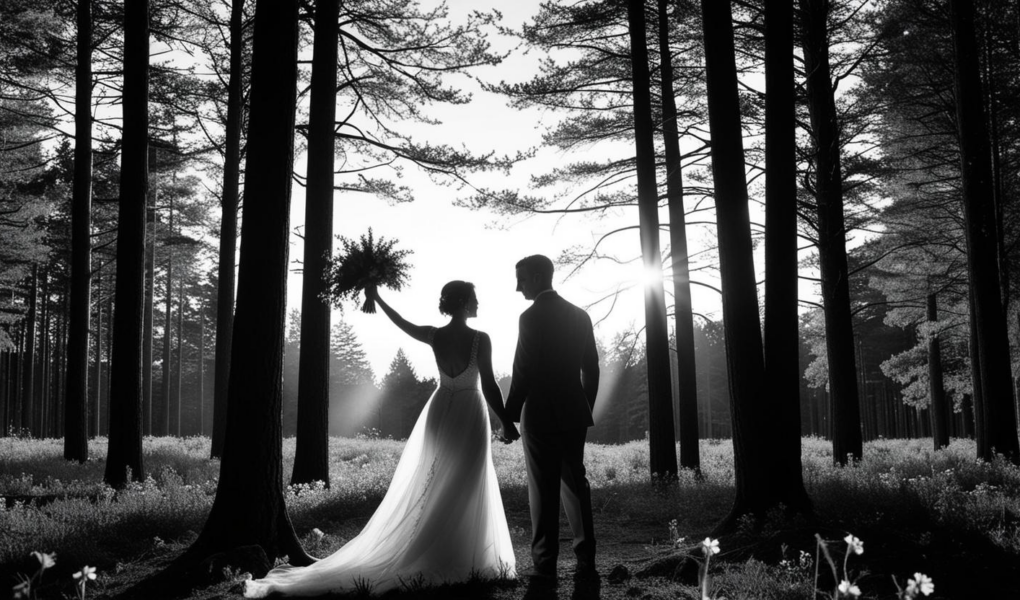 An image of an intimate wedding in a forest, with only the couple present. Tall trees surround the scene, with delicate flowers hanging from the branches, naturally decorating the setting. The couple is standing with their backs to the camera, with the bride raising her left hand holding the bouquet, while the groom is slightly leaning toward her in a moment of closeness. The sunset sun is directly behind them, creating a strong contrast that casts the couple in dark silhouettes. The soft light from the sun filters through the leaves, gently illuminating the surroundings, while the couple's faces remain in shadow. The atmosphere conveys peace, love, and a deep connection with nature.