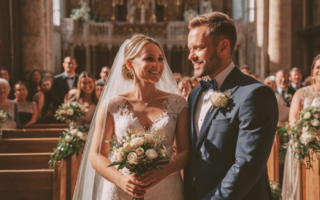 una pareja de novios saliendo de una iglesia