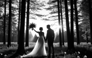 An image of an intimate wedding in a forest, with only the couple present. Tall trees surround the scene, with delicate flowers hanging from the branches, naturally decorating the setting. The couple is standing with their backs to the camera, with the bride raising her left hand holding the bouquet, while the groom is slightly leaning toward her in a moment of closeness. The sunset sun is directly behind them, creating a strong contrast that casts the couple in dark silhouettes. The soft light from the sun filters through the leaves, gently illuminating the surroundings, while the couple's faces remain in shadow. The atmosphere conveys peace, love, and a deep connection with nature.