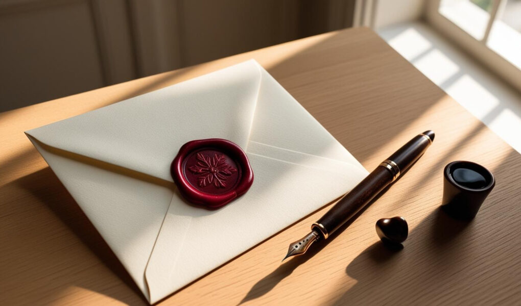 A photorealistic and cinematic image capturing an elegant light wood table. On the table, a closed wedding invitation envelope, adorned with a sophisticated red wax seal. Next to it, a vintage fountain pen with ink. Soft natural light streams through a nearby window, warmly illuminating the scene and creating a serene and elegant atmosphere.