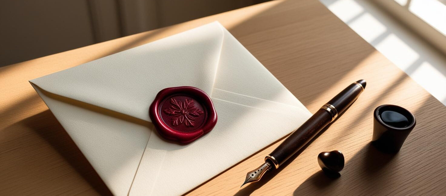 A photorealistic and cinematic image capturing an elegant light wood table. On the table, a closed wedding invitation envelope, adorned with a sophisticated red wax seal. Next to it, a vintage fountain pen with ink. Soft natural light streams through a nearby window, warmly illuminating the scene and creating a serene and elegant atmosphere.