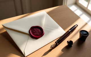 A photorealistic and cinematic image capturing an elegant light wood table. On the table, a closed wedding invitation envelope, adorned with a sophisticated red wax seal. Next to it, a vintage fountain pen with ink. Soft natural light streams through a nearby window, warmly illuminating the scene and creating a serene and elegant atmosphere.