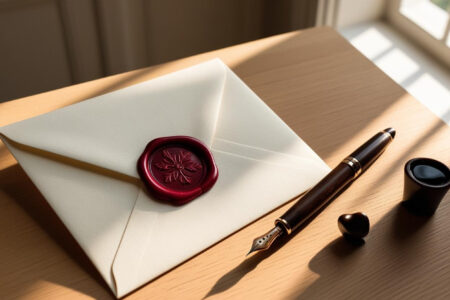 A photorealistic and cinematic image capturing an elegant light wood table. On the table, a closed wedding invitation envelope, adorned with a sophisticated red wax seal. Next to it, a vintage fountain pen with ink. Soft natural light streams through a nearby window, warmly illuminating the scene and creating a serene and elegant atmosphere.