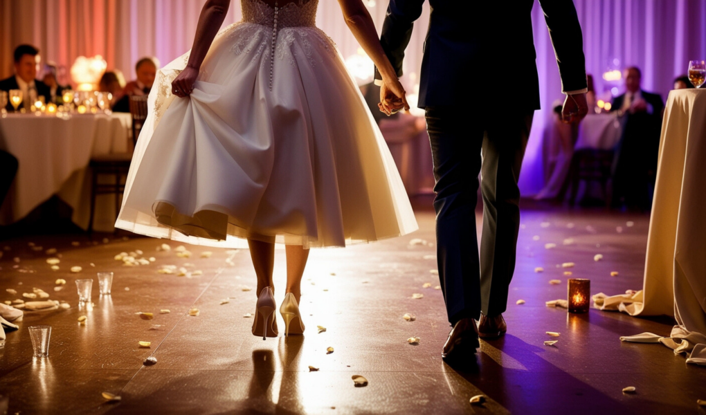 pareja de novios caminando a la salida de la fiesta