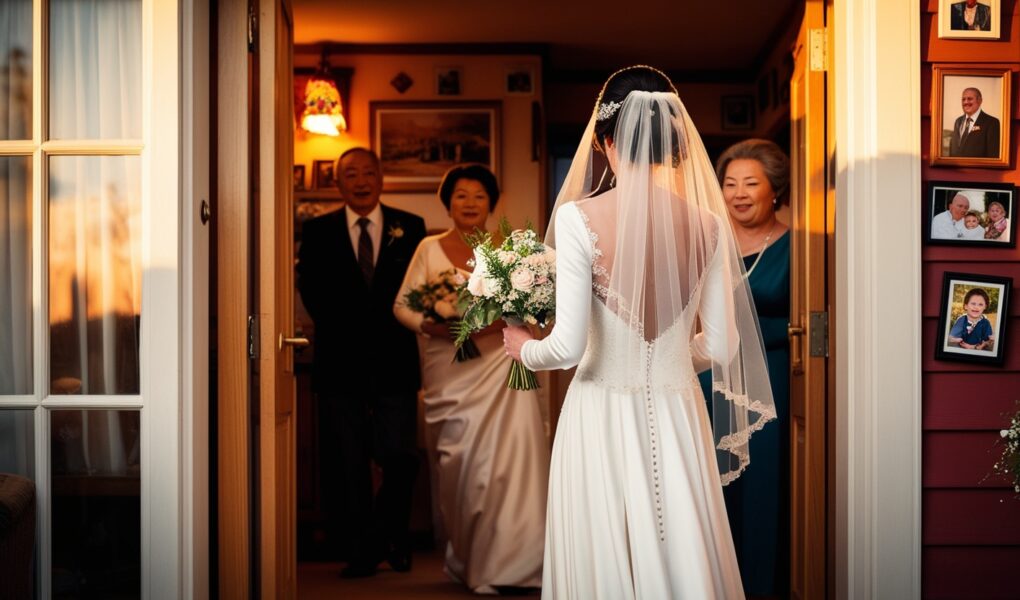 Novia vestida de blanco dejando la casa de sus padres