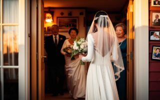 Novia vestida de blanco dejando la casa de sus padres