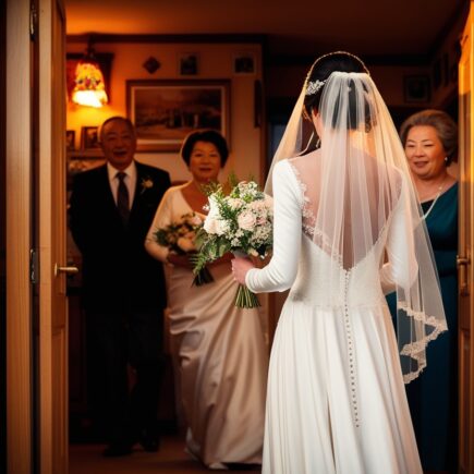 Novia vestida de blanco dejando la casa de sus padres