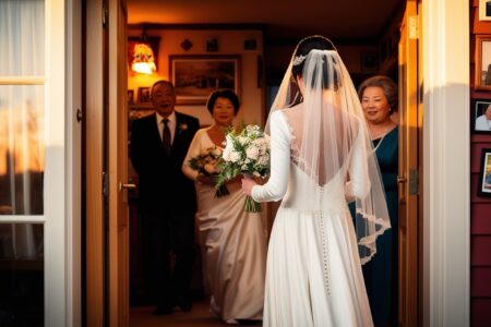 Novia vestida de blanco dejando la casa de sus padres