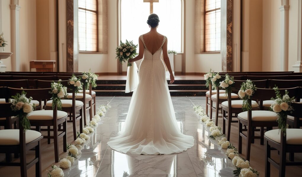 novia vestida de blanco caminando al altar