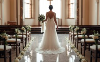 novia vestida de blanco caminando al altar