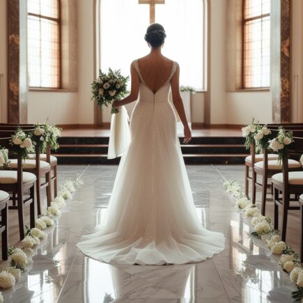 novia vestida de blanco caminando al altar