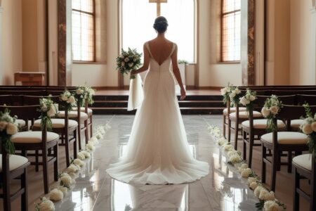 novia vestida de blanco caminando al altar