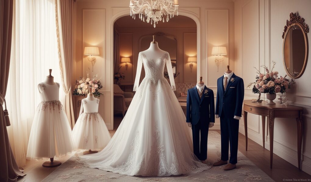 vestido blanco de novia junto a atuendos a juego de sus hijos