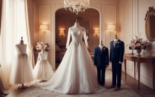 vestido blanco de novia junto a atuendos a juego de sus hijos