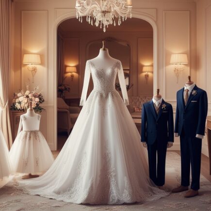 vestido blanco de novia junto a atuendos a juego de sus hijos