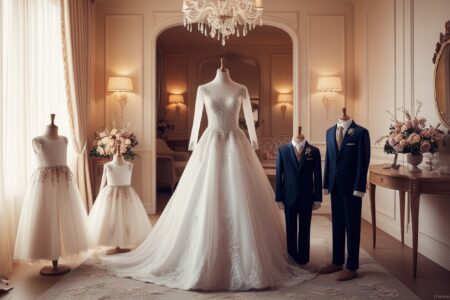 vestido blanco de novia junto a atuendos a juego de sus hijos