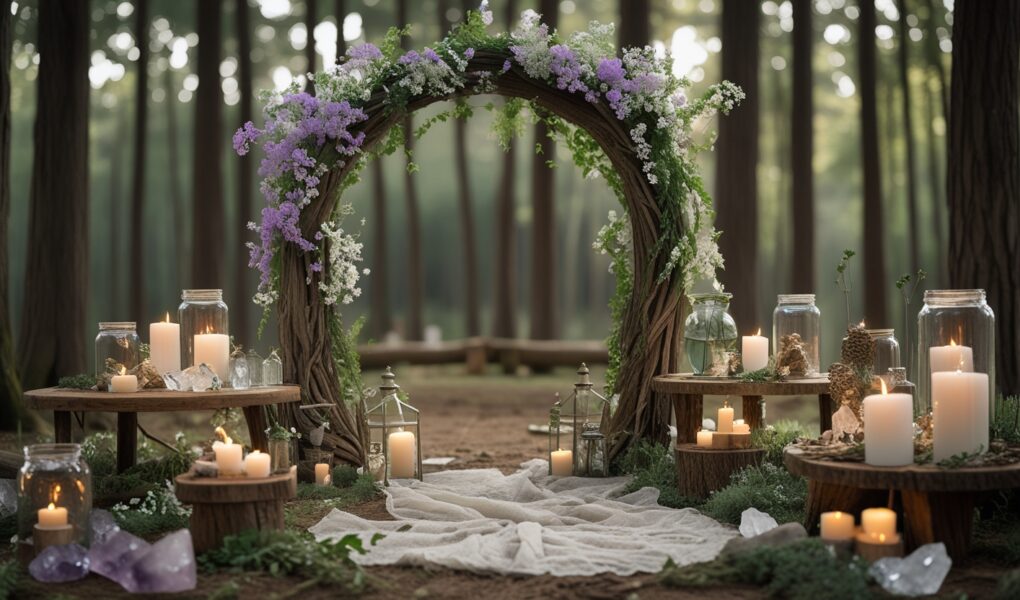 escenario de boda holistica en el bosque