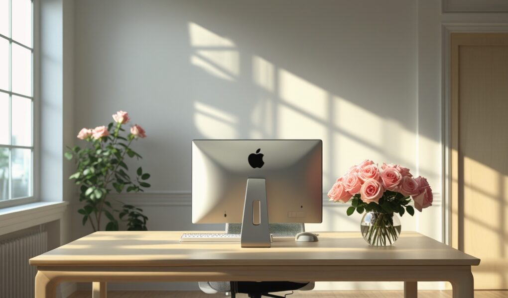 na imagen fotorealista y cinematográfica de una oficina vacía, con un diseño minimalista. En el centro de la escena hay un escritorio elegante de madera clara, sobre el cual descansa una computadora moderna y un florero con rosas frescas y hermosas. La oficina tiene una iluminación suave y cálida que entra a través de una ventana grande, proyectando sombras delicadas. El ambiente refleja tranquilidad, orden y buen gusto, con colores neutros y toques sutiles de verde por las plantas. Sin elementos desordenados o personas en la imagen