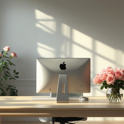na imagen fotorealista y cinematográfica de una oficina vacía, con un diseño minimalista. En el centro de la escena hay un escritorio elegante de madera clara, sobre el cual descansa una computadora moderna y un florero con rosas frescas y hermosas. La oficina tiene una iluminación suave y cálida que entra a través de una ventana grande, proyectando sombras delicadas. El ambiente refleja tranquilidad, orden y buen gusto, con colores neutros y toques sutiles de verde por las plantas. Sin elementos desordenados o personas en la imagen